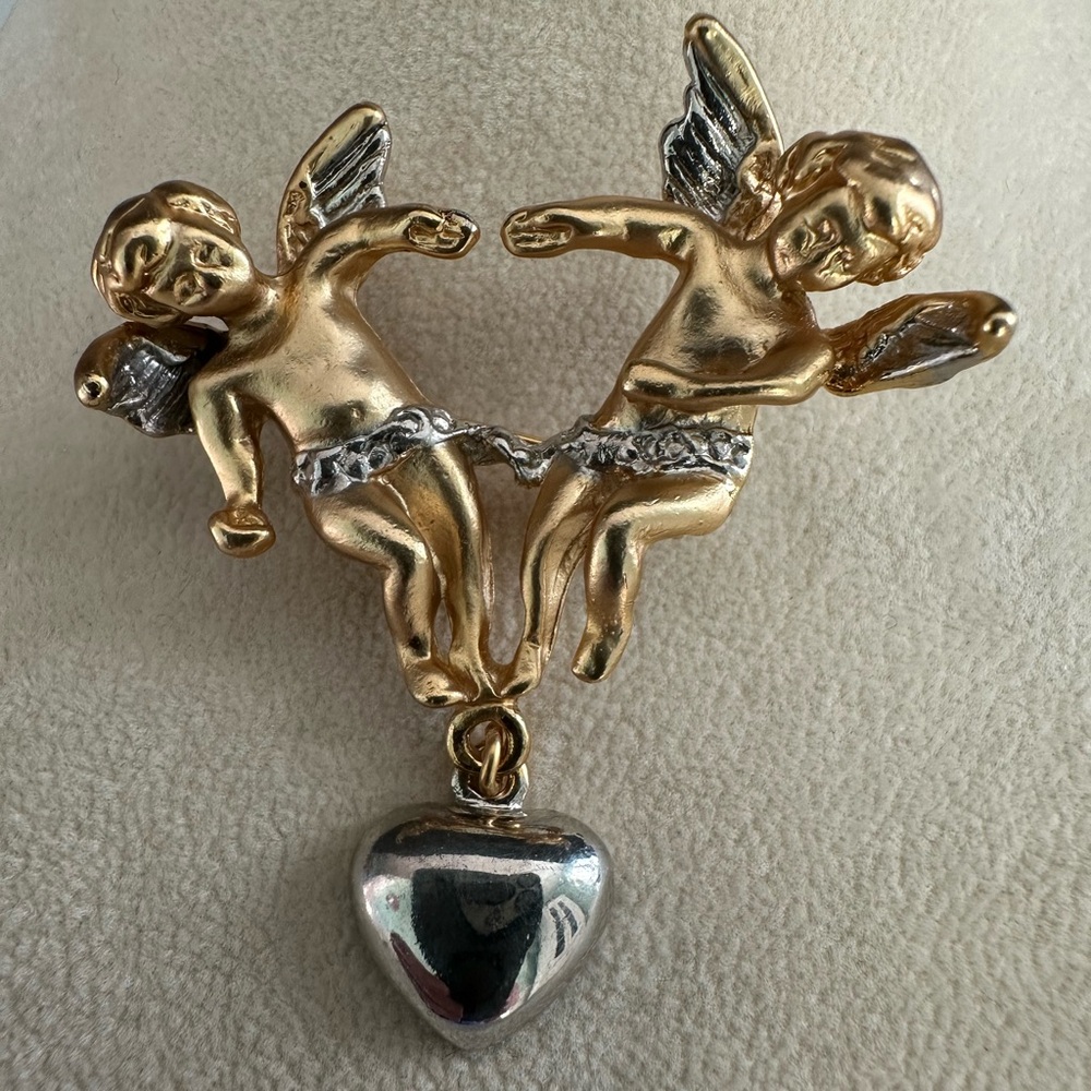Vintage Chunky Cherubs Pin Gold Tone Silver Tone Dangle Heart